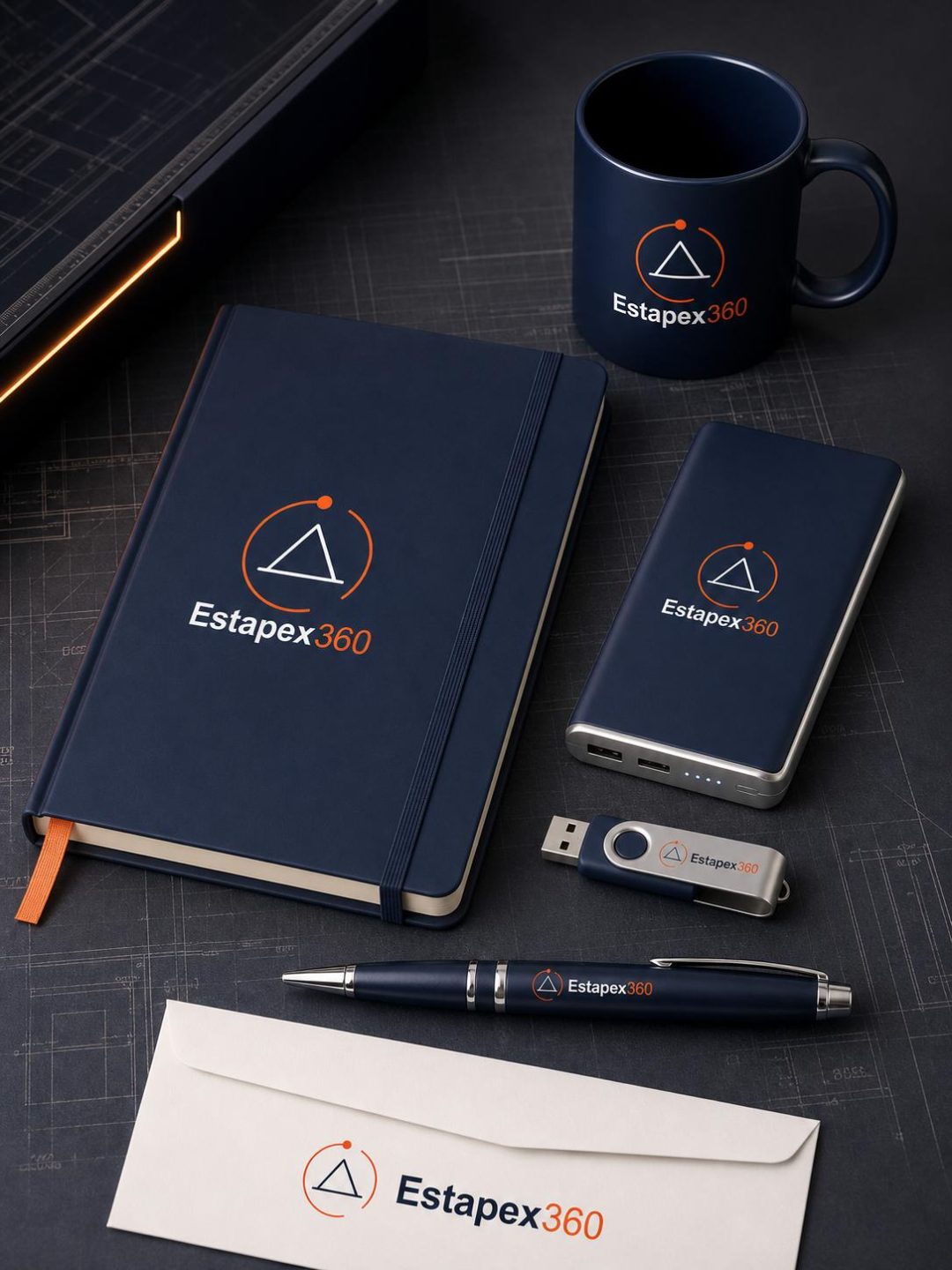 Estapex360 kurumsal promosyon seti — defter, kupa, powerbank, USB bellek, kalem ve zarf