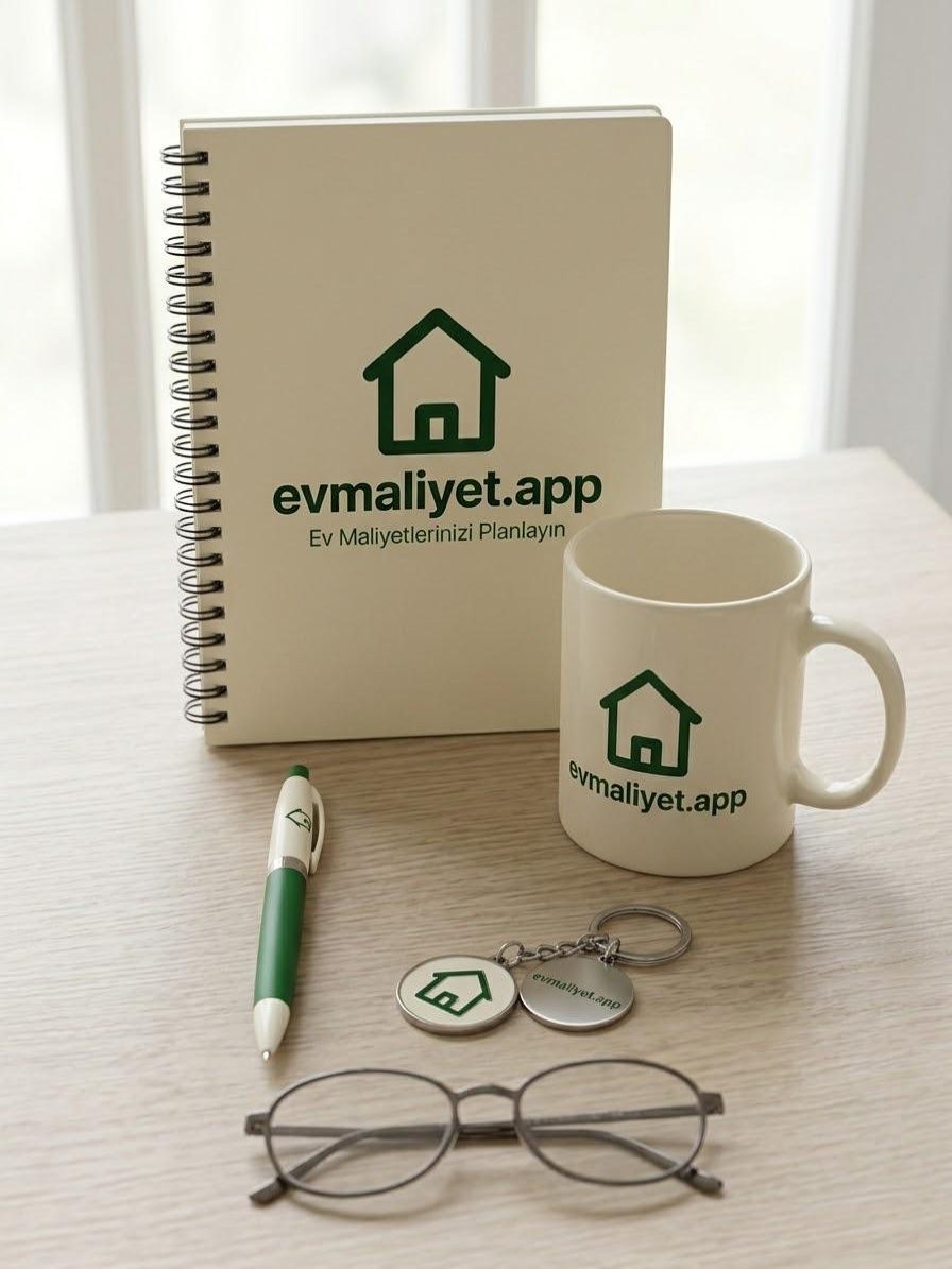 evmaliyet.app kurumsal set — spiralli defter, kupa, kalem ve anahtarlık