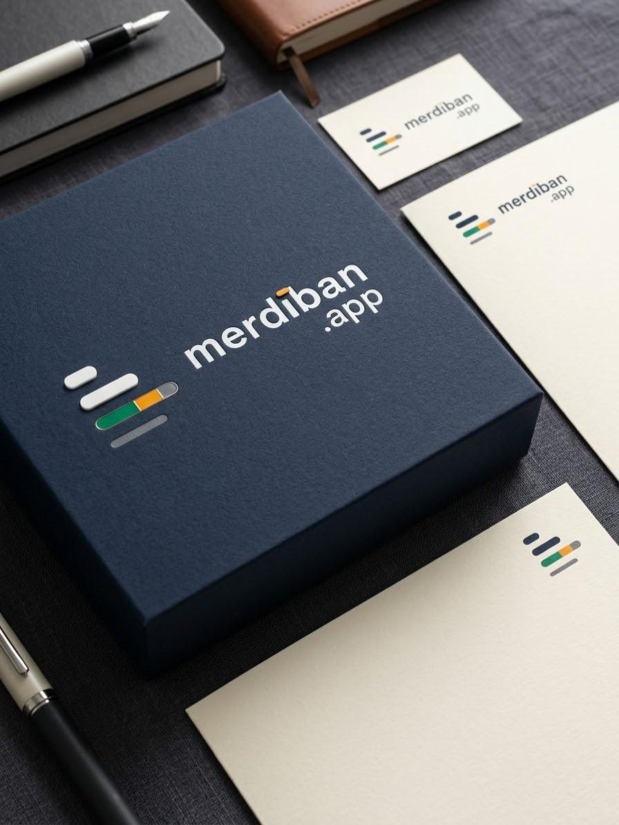 merdiban.app basılı kurumsal set — kutu, kartvizit ve antetli kâğıt