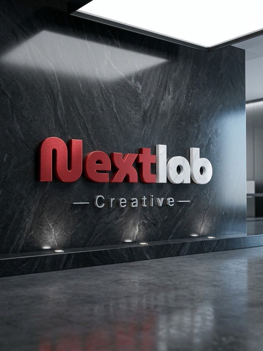 NextLab Creative ofis giriş duvarı — kırmızı-beyaz kelime markası