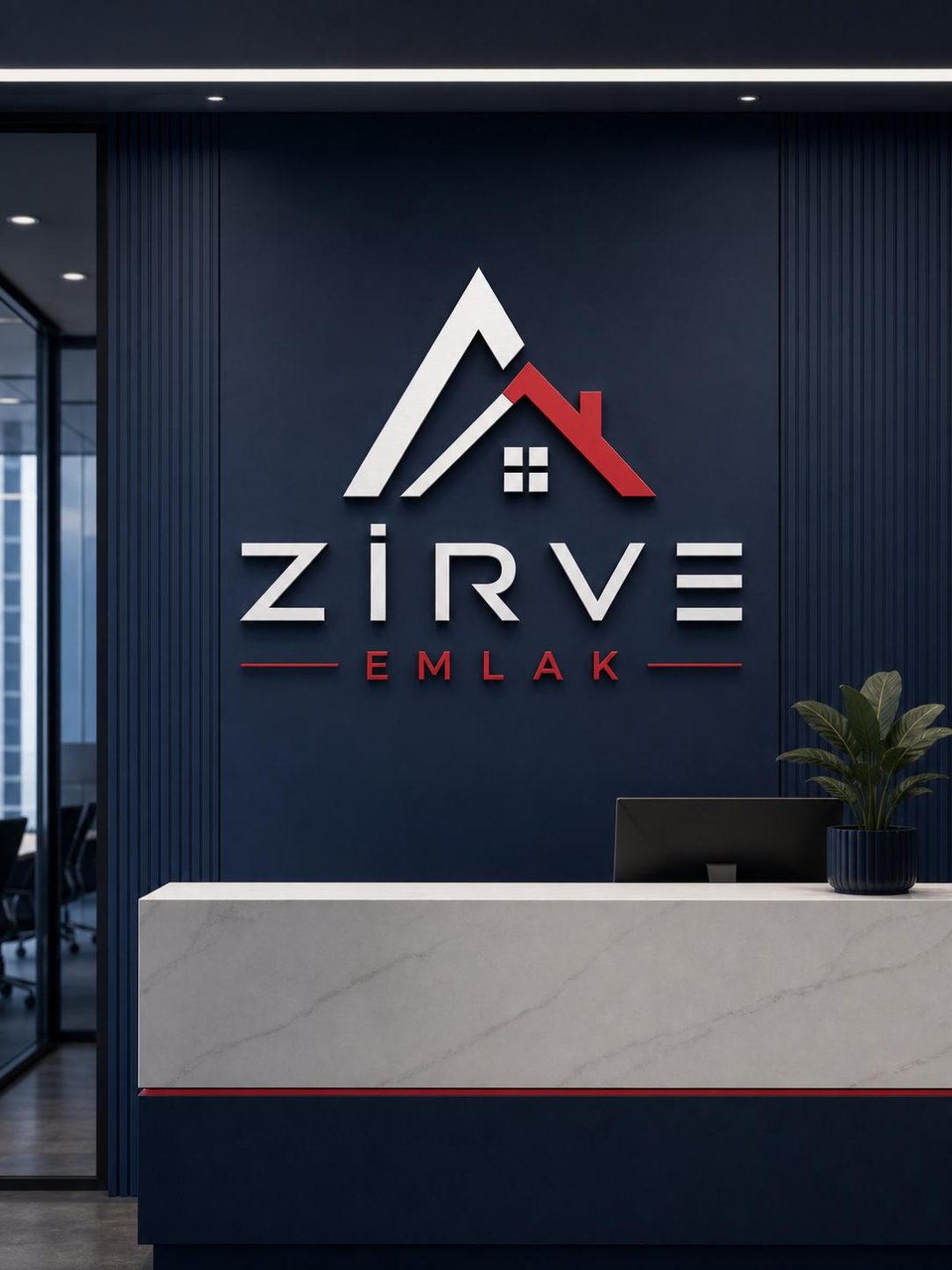 Zirve Emlak ofis giriş tabelası — dağ ve çatı siluetini birleştiren sembol